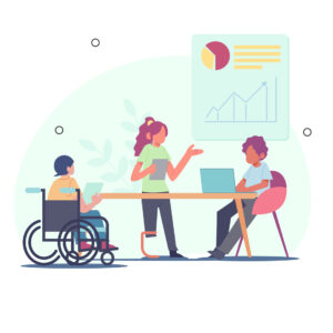Illustration of three people of various races and abilities in a business meeting.